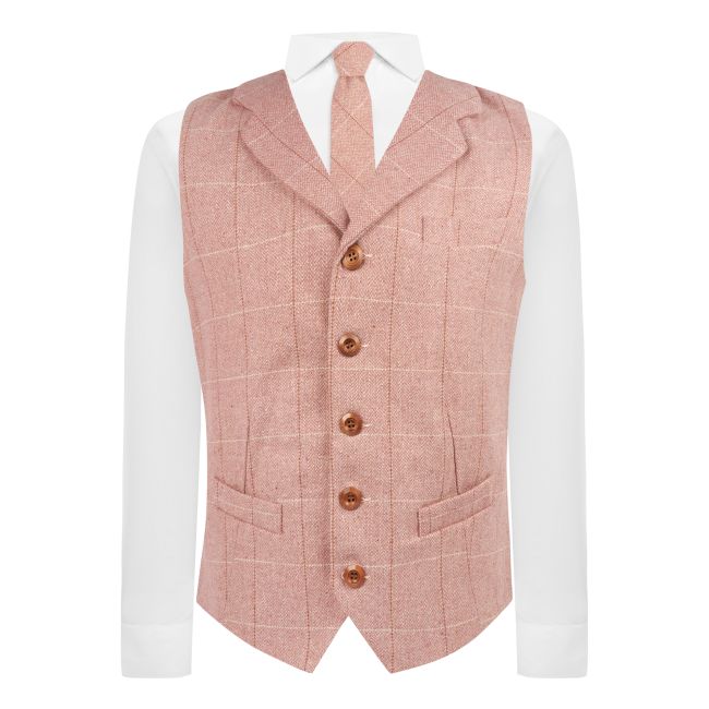Pink Herringbone Tweed Windowpane Check Waistcoat with Lapel