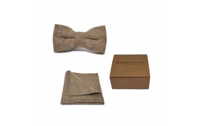 Luxury Herringbone Brown Tweed Bow Tie & Pocket Square Set | Boxed