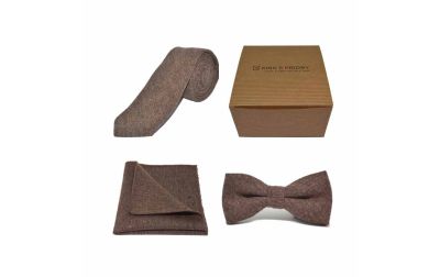 Highland Weave Hessian Brown Bow Tie, Tie & Pocket Square Set | Boxed