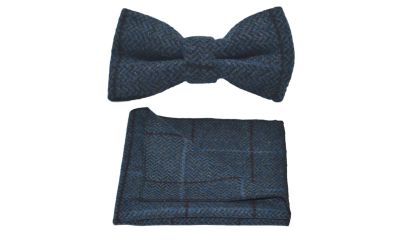 Aegean Blue Herringbone Check Bow Tie & Pocket Square Set