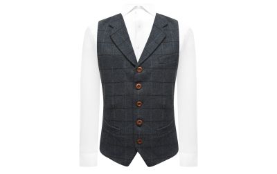 Aegean Blue Herringbone Check Waistcoat with Lapel