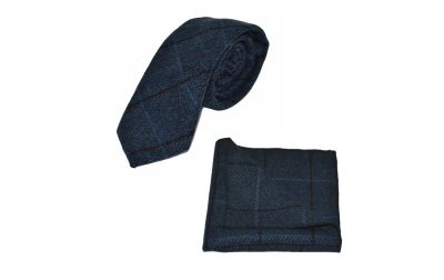 Aegean Blue Herringbone Check Tie & Pocket Square Set