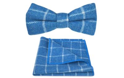 Azure Blue Birdseye Check Bow Tie & Pocket Square Set