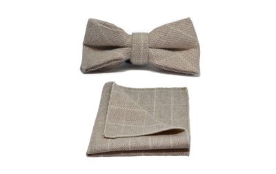Beige Birdseye Check Bow Tie & Pocket Square Set