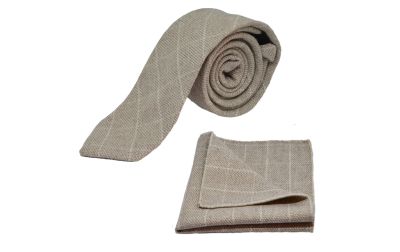 Beige Birdseye Check Tie & Pocket Square Set