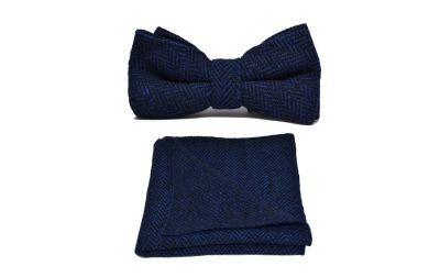 Midnight Blue & Black Herringbone Bow Tie & Pocket Square Set