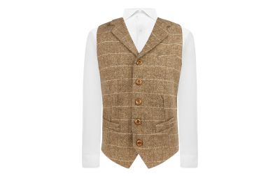 Brown Herringbone Windowpane Check Waistcoat with Lapel