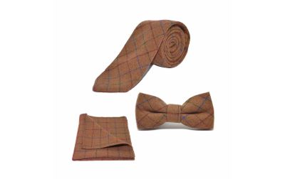 Heritage Check Rustic Brown Bow Tie, Tie & Pocket Square Set