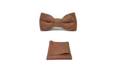 Heritage Check Rustic Brown Bow Tie & Pocket Square Set