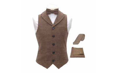 Luxury Herringbone Brown Tweed Waistcoat with Lapel & Matching Bow Tie, Tie & Pocket Square Set