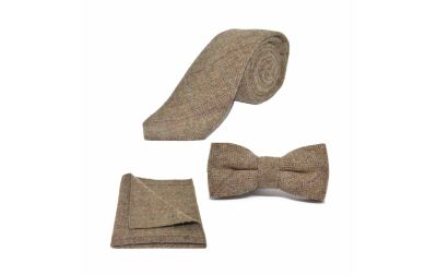 Luxury Herringbone Brown Tweed Bow Tie, Tie & Pocket Square Set