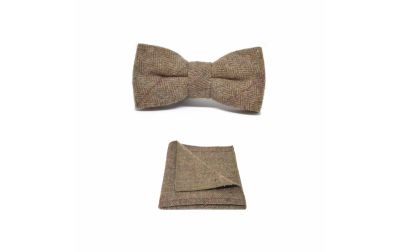 Luxury Herringbone Brown Tweed Bow Tie & Pocket Square Set