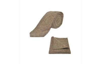 Luxury Herringbone Brown Tweed Tie & Pocket Square Set