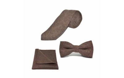 Highland Weave Hessian Brown Bow Tie, Tie & Pocket Square Set
