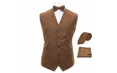 Heritage Check Cedar Brown Waistcoat, Bow Tie, Tie & Pocket Square Set