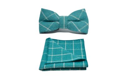Cyan Birdseye Check Bow Tie & Pocket Square Set