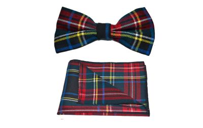 Traditional Dark Green & Black Tartan Bow Tie & Pocket Square Set