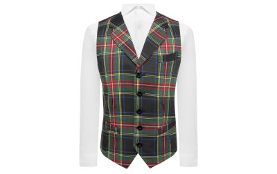 Dark Green Tartan Check Waistcoat with Lapel