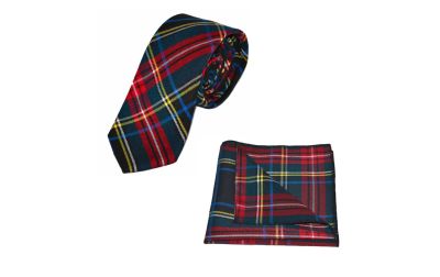 Traditional Dark Green & Black Tartan Tie & Pocket Square Set
