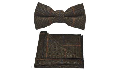 Dark Olive Green Herringbone Check Bow Tie & Pocket Square Set