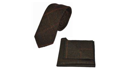 Dark Olive Green Herringbone Check Tie & Pocket Square Set