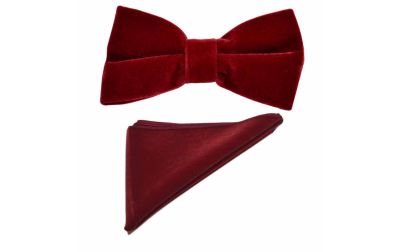 Dark Red Velvet Bow Tie & Pocket Square Set