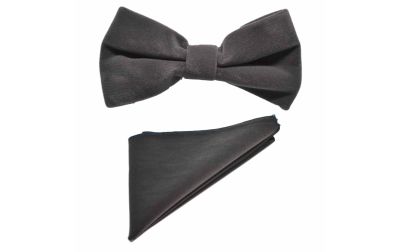 Dark Silver Grey Velvet Bow Tie & Pocket Square Set