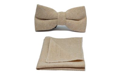 Gold & Cream Herringbone Bow Tie & Pocket Square Set