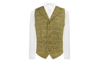 Green Herringbone Windowpane Check Waistcoat with Lapel