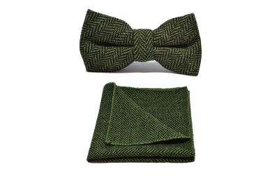 Pickle Green & Black Herringbone Bow Tie & Pocket Square Set