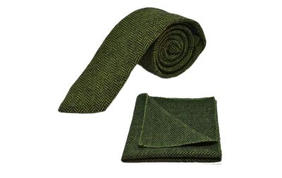 Pickle Green & Black Herringbone Tie & Pocket Square Set