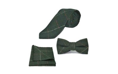 Luxury Herringbone Forest Green Tweed Bow Tie, Tie & Pocket Square Set