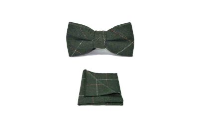 Luxury Herringbone Forest Green Tweed Bow Tie & Pocket Square Set