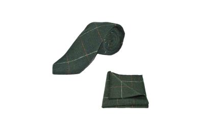 Luxury Herringbone Forest Green Tweed Tie & Pocket Square Set