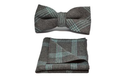 Slate Grey & Blue Birdseye Check Bow Tie & Pocket Square Set