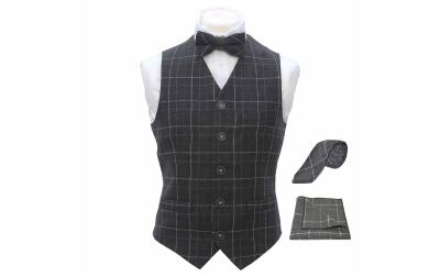 Heritage Check Charcoal Grey Waistcoat & Matching Bow Tie, Tie & Pocket Square
