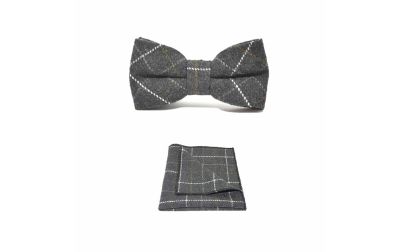 Heritage Check Charcoal Grey Bow Tie & Pocket Square Set