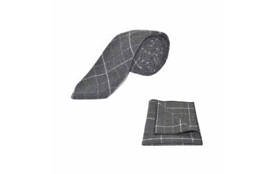 Heritage Check Charcoal Grey Tie & Pocket Square Set