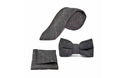 Luxury Herringbone Charcoal Grey Tweed Bow Tie, Tie & Pocket Square Set