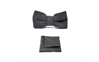 Luxury Herringbone Charcoal Grey Tweed Bow Tie & Pocket Square Set