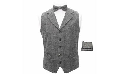 Luxury Herringbone Pewter Grey Waistcoat, Bow Tie & Pocket Square Set