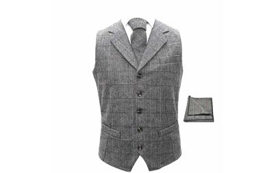 Luxury Herringbone Pewter Grey Waistcoat, Tie & Pocket Square Set