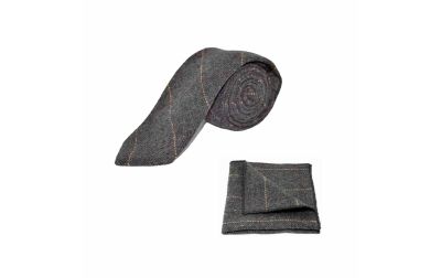 Luxury Herringbone Charcoal Grey Tweed Tie & Pocket Square Set