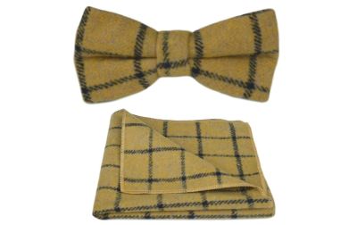 Honey Brown Birdseye Check Bow Tie & Pocket Square Set