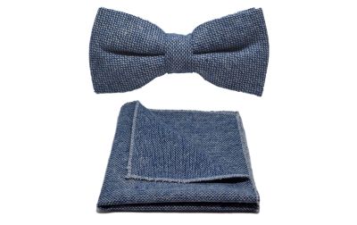 Highland Weave Stonewashed Blue Bow Tie & Pocket Square Set