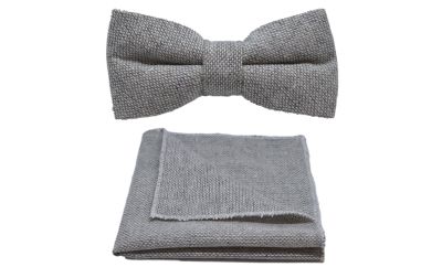 Highland Weave Stonewashed Light Grey Bow Tie & Pocket Square Set
