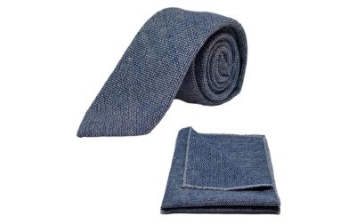Highland Weave Stonewashed Blue Tie & Pocket Square Set