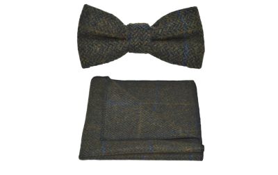 Juniper Green Herringbone Check Bow Tie & Pocket Square Set