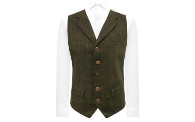 Juniper Green Herringbone Check Waistcoat with Lapel