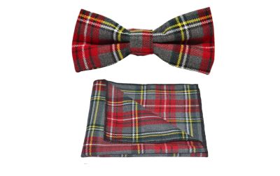 Traditional Light Grey & Red Tartan Bow Tie & Pocket Square Set